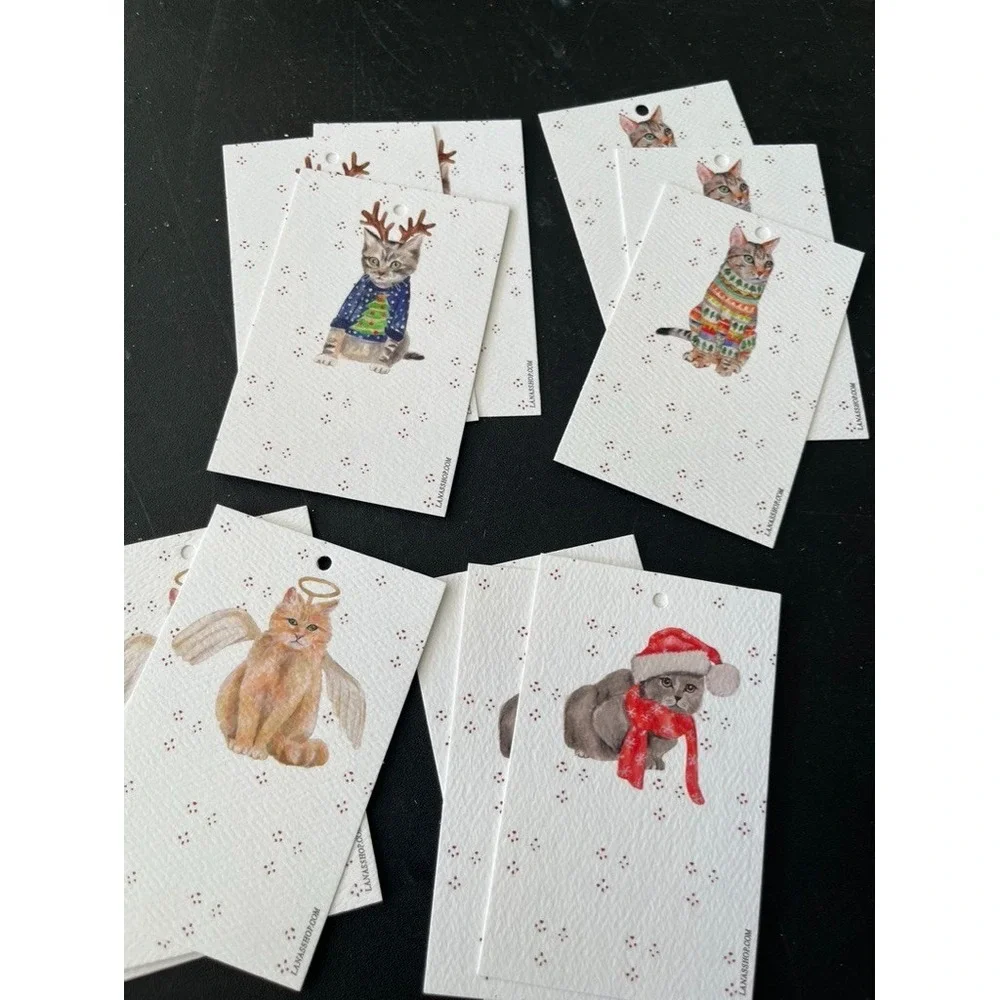 Hand Illustrated Cat Gift Tags Christmas Festive Holiday Colorful Modern Party